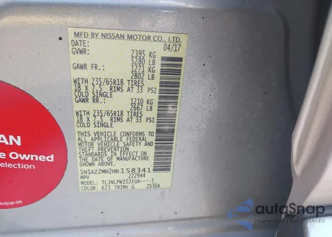 2017 Nissan Murano S из США, поврежденный, VIN 5N1AZ2MH2HN158341